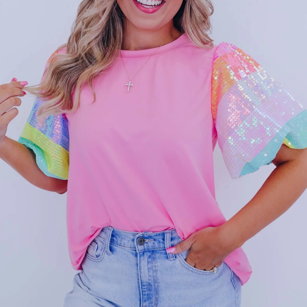 Over the Rainbow Pink Sequin Sleeve Top